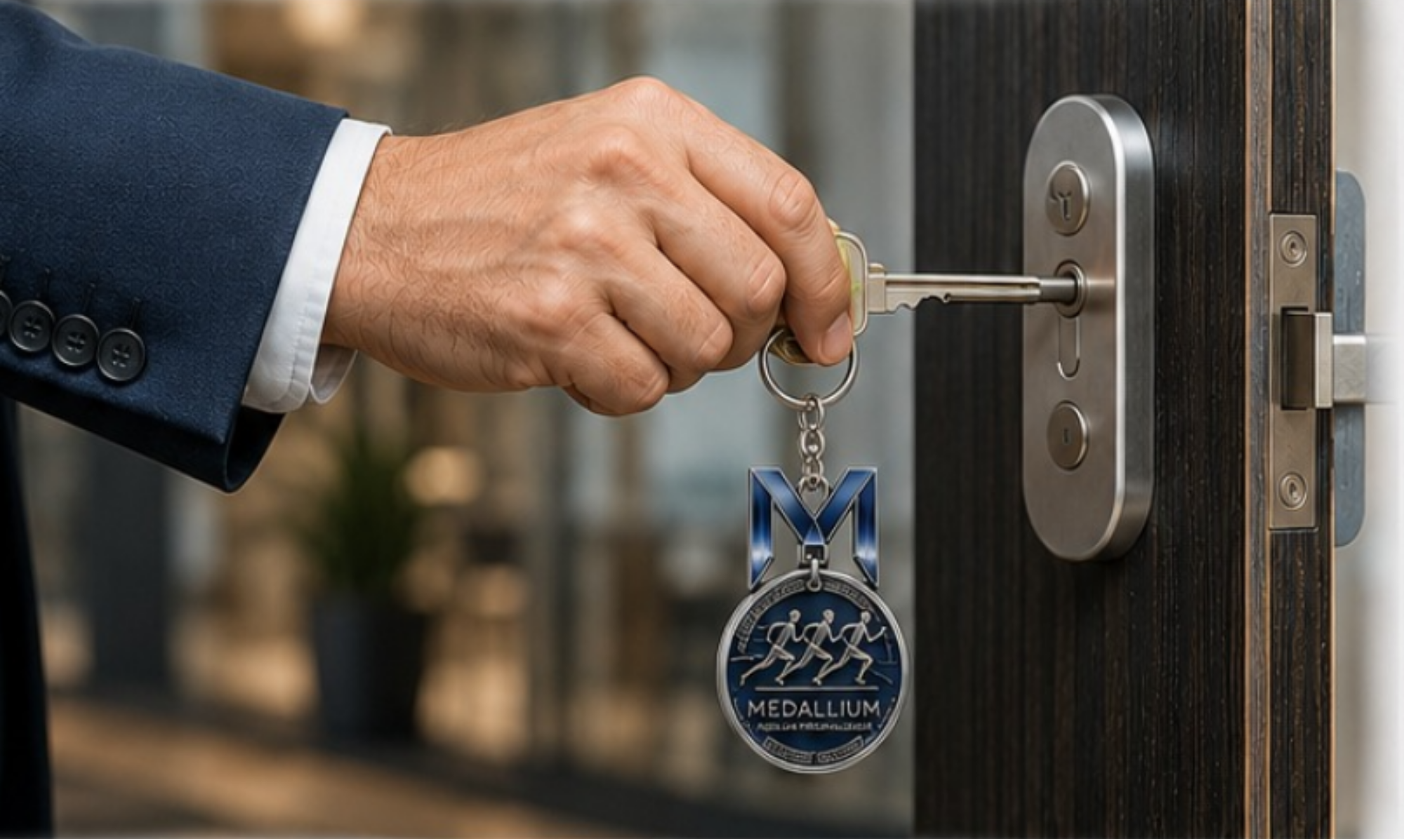 Ejemplo de uso de llavero personalizado Medallium en una puerta